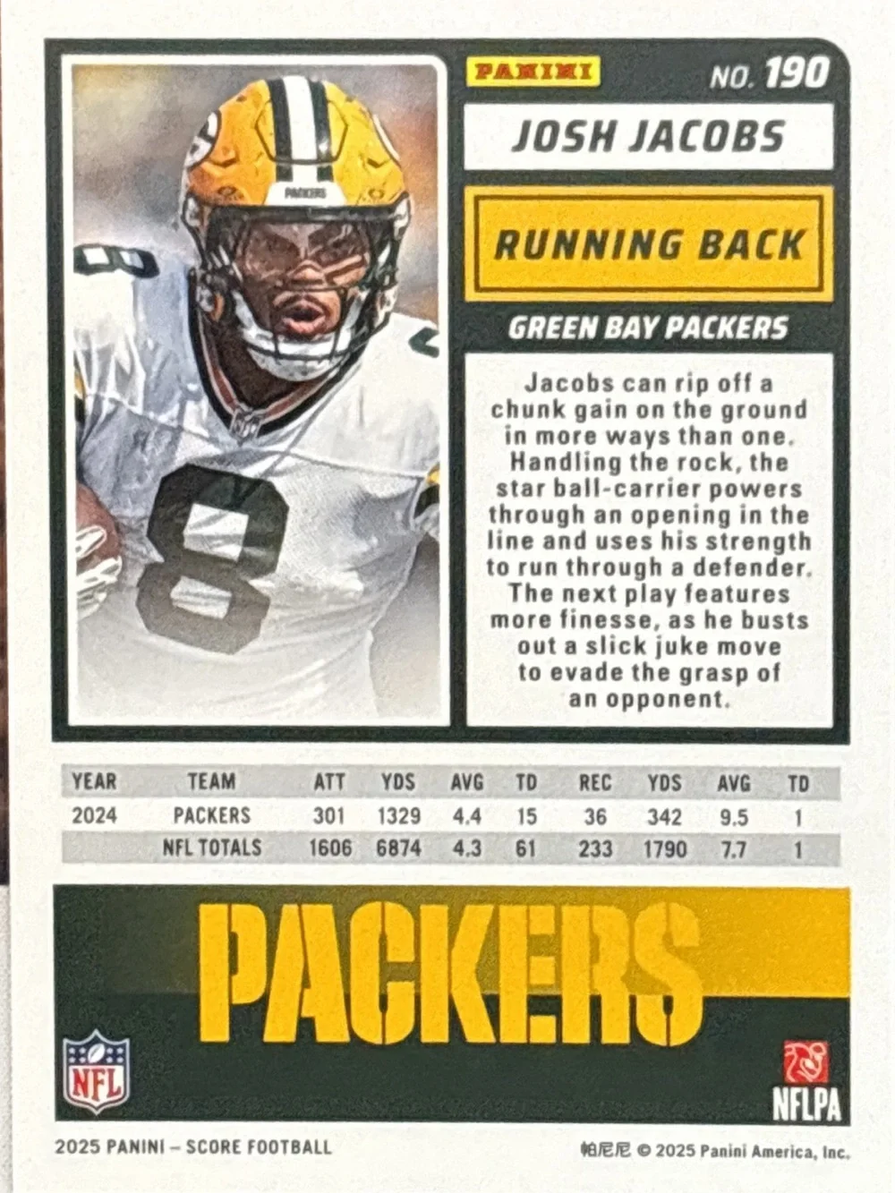 Panini Score Josh Jacobs Football Card — LE 224/399